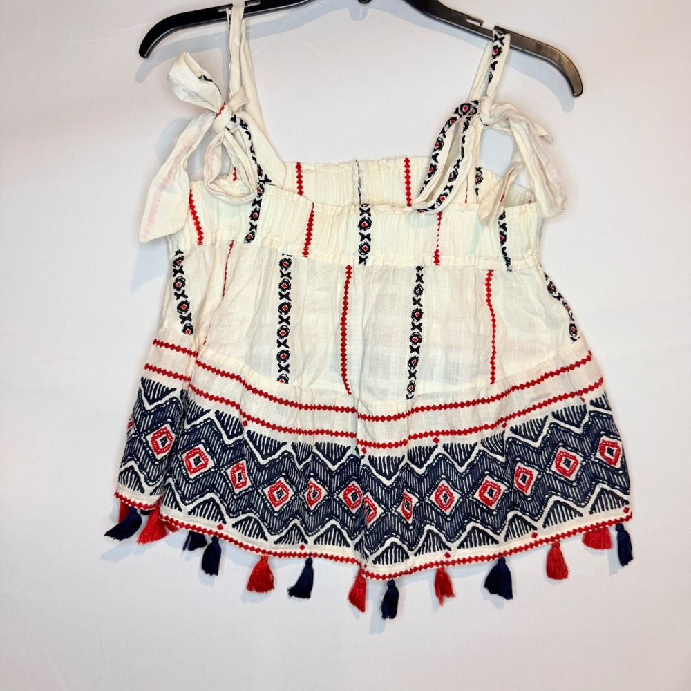 Cousin Earl Womens XS Embroidered Tassel Tie Shoulder Boho Camisole Top White